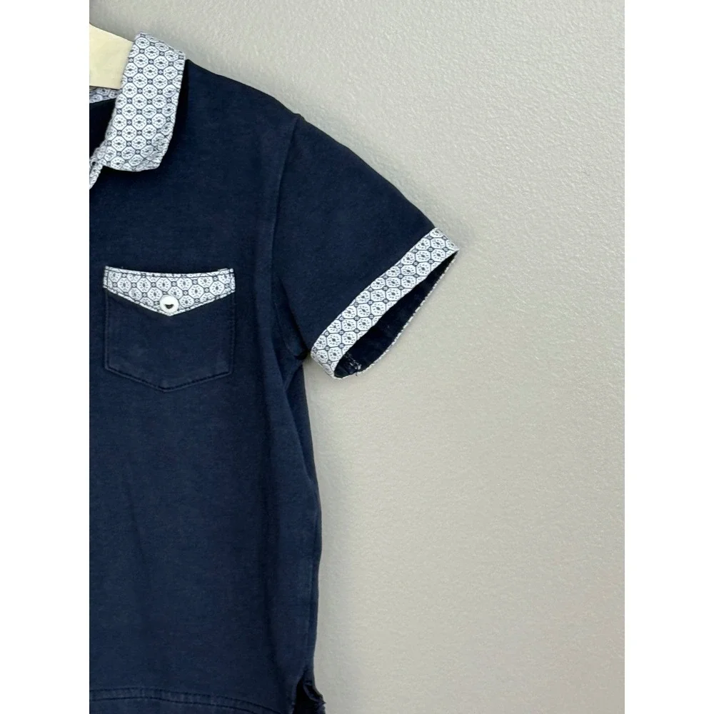 Sarah‎ Louise Girl's Polo Shirt Size 2Y Navy Blue Cotton Blend Geometric Trim